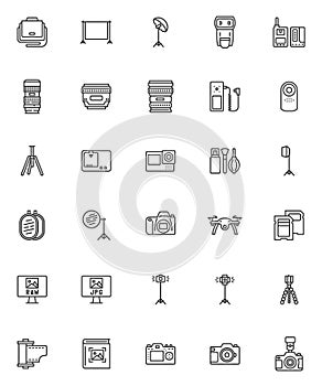 Photography equipment line icons set