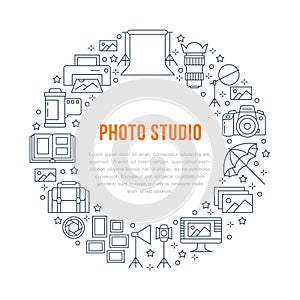 Photography equipment poster with flat line icons. Digital camera, photos, lighting video cameras, photo accessories