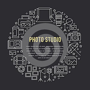 Photography equipment poster with flat line icons. Digital camera, photos, lighting video cameras, photo accessories