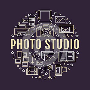 Photography equipment poster with flat line icons. Vector circle illustration, concept for photostudio brochure. Digital