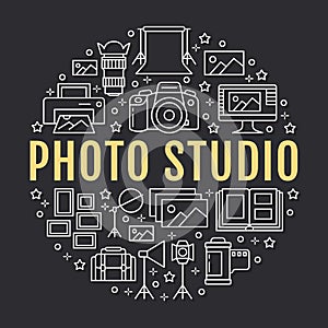 Photography equipment poster with flat line icons. Vector circle illustration, concept for photostudio brochure. Digital