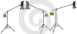 Photography high speed studio flash on boom with stand isolated on white.