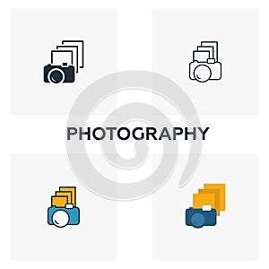 Photography icon set. Four elements in diferent styles from design ui and ux icons collection. Creative photography icons filled,