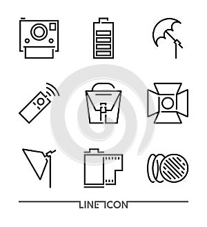 Photography icon set; Multimedia flat thin line Icons vector