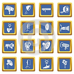 Photography icons set blue square vector