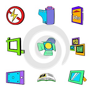 Photography icons set, cartoon style