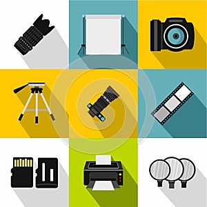 Photography icons set, flat style