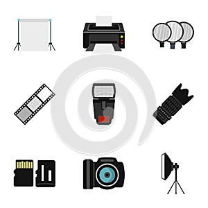 Photography icons set, flat style