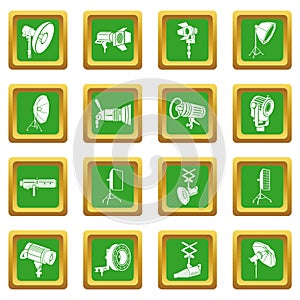 Photography icons set green square