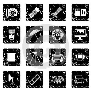 Photography icons set, grunge style