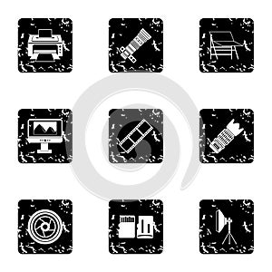 Photography icons set, grunge style