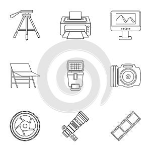 Photography icons set, outline style