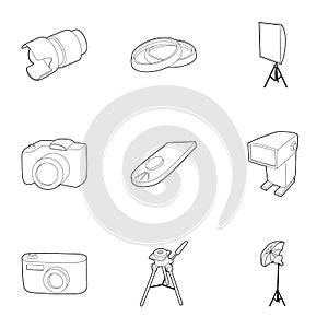 Photography icons set, outline style