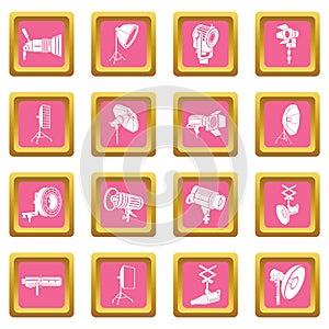 Photography icons set pink square vector