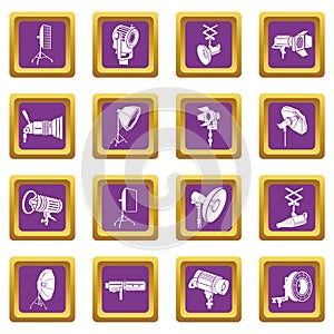 Photography icons set purple square vector