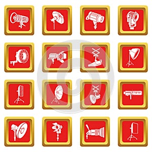 Photography icons set red square vector