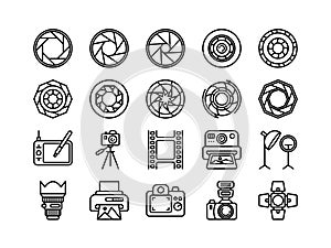 Photography icons. Vintage photo camera lens. Optical diaphragm aperture zoom. Photographic shutter device. Silhouette