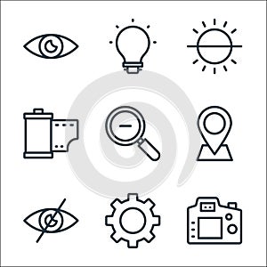 Photography line icons. linear set. quality vector line set such as camera, settings, invisible, location pin, zoom out, roll,