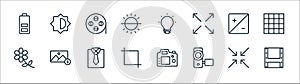 Photography line icons. linear set. quality vector line set such as film reel, video camera, editing, flower, contrast, film reel
