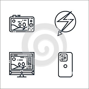 photography line icons. linear set. quality vector line set such as mobile camera, computer, flashlight