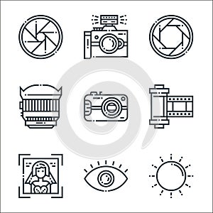 photography line icons. linear set. quality vector line set such as sun, eye, marriage, movie, digital camera, zoom lens, zoom