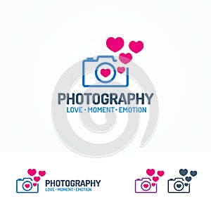 Photography logo set with photocamera and hearts