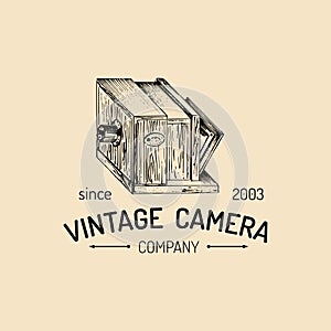 Photography logo. Vector vintage old camera label, badge, emblem. Hand sketched illustration for studio, store etc.