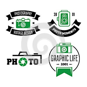 Photography Logos, Badges and Labels Design Elements set. Photo camera vintage style objects.