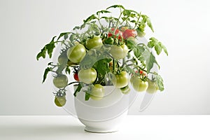 photography of a lush tomato plant with green tomatoes growing in a pot on a white background