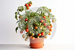 photography of a lush tomato plant with green tomatoes growing in a pot on a white background