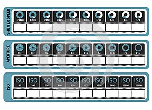 Photography manual template for photographers. Camera`s cheat sheet. ISO, shutter speed, aperture, frame frequency. Vector illustr