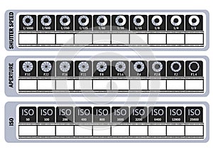 Photography manual template for photographers. Camera`s cheat sheet. ISO, shutter speed, aperture, frame frequency. Vector illustr