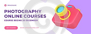 Photography online courses studying shooting picture with camera social media banner 3d icon vector