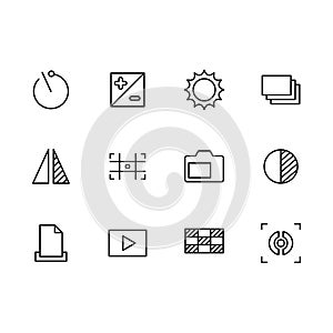 Photography and photo camera, video shooting icon simple symbols set. Photo camera settings, zoom, iso, flash, lens