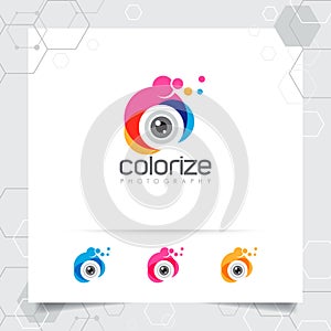Photography and photo logo design with concept of colorful camera lens icon vector for photographer, studio photo, and wedding