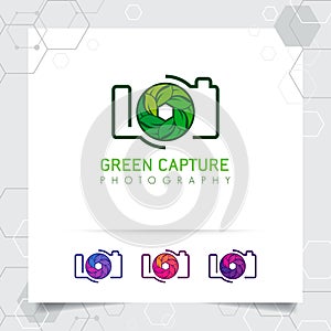 Photography and photo logo design with concept of leaf icon and camera lens vector for photographer, studio photo, and nature
