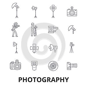 Photography, photographer, camera, photo studio, frame, camera lens, polaroid line icons. Editable strokes. Flat design