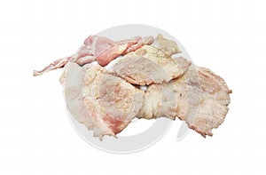 a photography of a pile of meat on a white background, polyporus frondosus meat on a white background