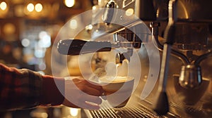 Photography of skilled barista making a latte art at cozy coffee shop. AIG42.