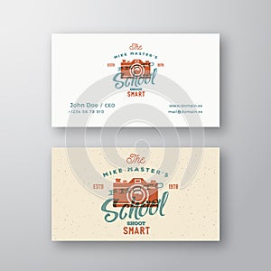Photography School Retro Abstract Vector Logo and Business Card Template. Camera with Typography and Shabby Textures