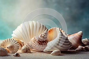 Photography of sea shells with a beige or sand-colored background, AI generated