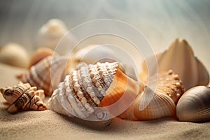 Photography of sea shells on a neutral beige background, AI generated