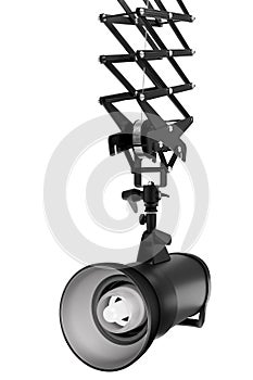 Photography studio flash on ceiling pantograph isolated on white background
