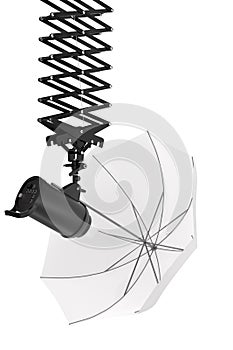 Photography studio flash on ceiling pantograph with umbrella isolated on white
