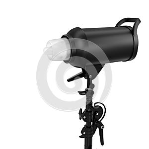 Photography studio flash on a lighting stand isolated on white background