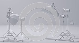 Photography studio flash on a lighting stand on monochrome background