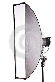 Photography studio flash with softbox isolated on white background with lamp.