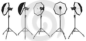 Photography studio lighting stand with flash and umbrella isolated on white