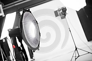 Photography studio with professional lighting equipment.