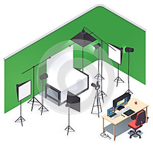 Photography studio room interior with photo camera